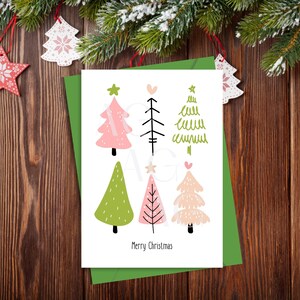 Rosa Weihnachtskarte, lebhafte rosa und grüne Feiertagskarte, Weihnachtsbaumkarten rosa Bäume, druckbare Feiertagskarte
