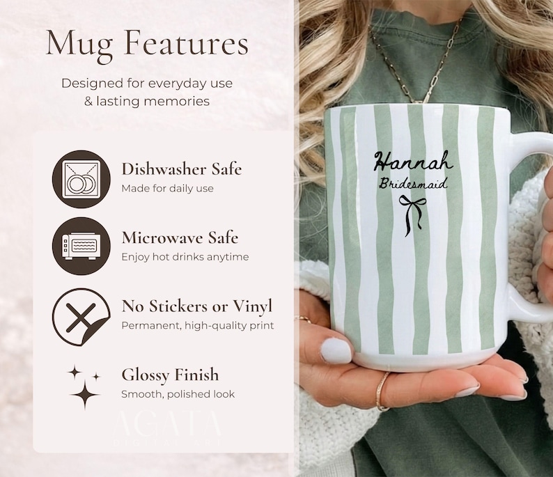 May include: White ceramic mug with vertical green stripes. The mug features the name "Hannah" and the word "Bridesmaid" in black script, along with a black bow graphic. The mug is dishwasher and microwave safe.