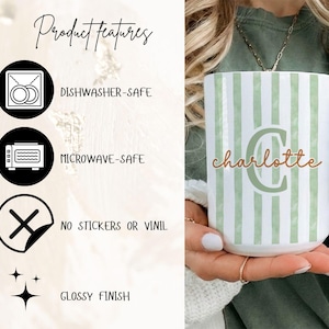 May include: White ceramic mug with green vertical stripes, a green letter "C", and the name "Charlotte" in a cursive font. The mug is dishwasher and microwave safe, with a glossy finish and no stickers or vinyl.