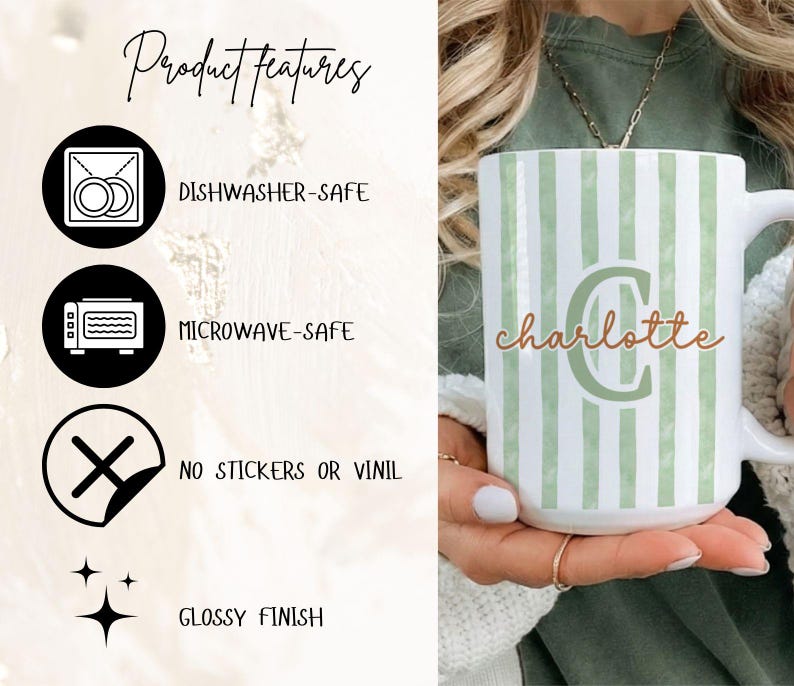 May include: White ceramic mug with green vertical stripes, a green letter "C", and the name "Charlotte" in a cursive font. The mug is dishwasher and microwave safe, with a glossy finish and no stickers or vinyl.