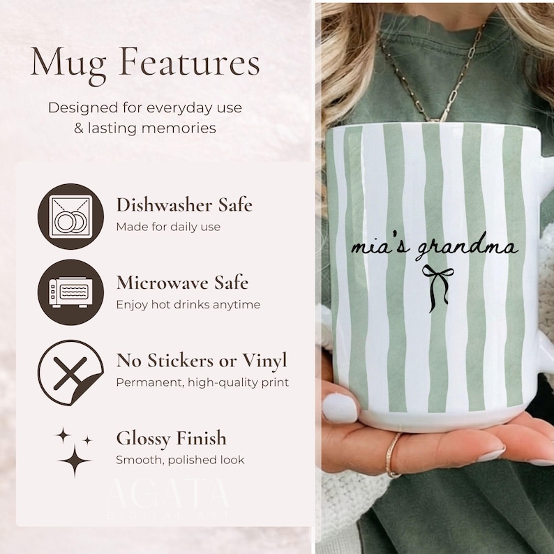 May include: White ceramic mug with vertical green stripes and the text "mia's grandma" in black script. A black bow graphic is below the text. The mug is designed for everyday use and is dishwasher and microwave safe.