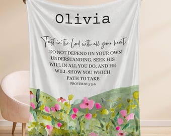 Manta cristiana personalizada para mujer, manta con versículo bíblico y nombre, regalo religioso floral para ella, regalo personalizado de aliento basado en la fe.