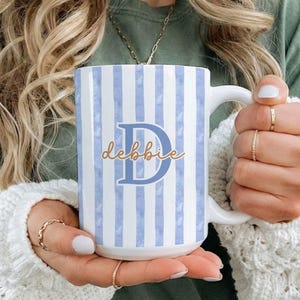 Personalized Striped Mug With Name, Custom Monogram Coffee Cup Gift For Her, Pastel Initial Mug, Bridesmaid Gift, Cute Vintage Mug image 3