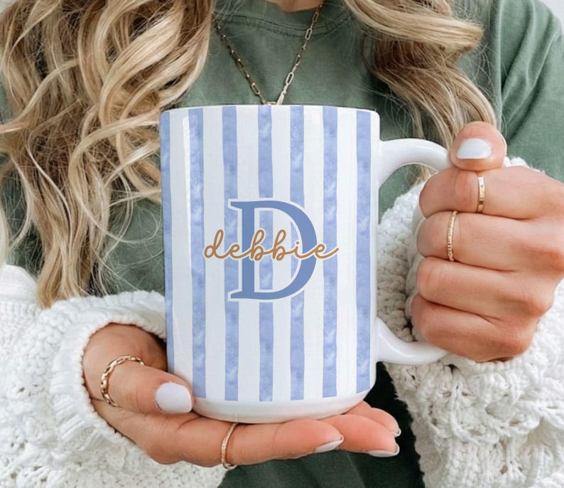 Personalized Striped Mug With Name, Custom Monogram Coffee Cup Gift For Her, Pastel Initial Mug, Bridesmaid Gift, Cute Vintage Mug image 3