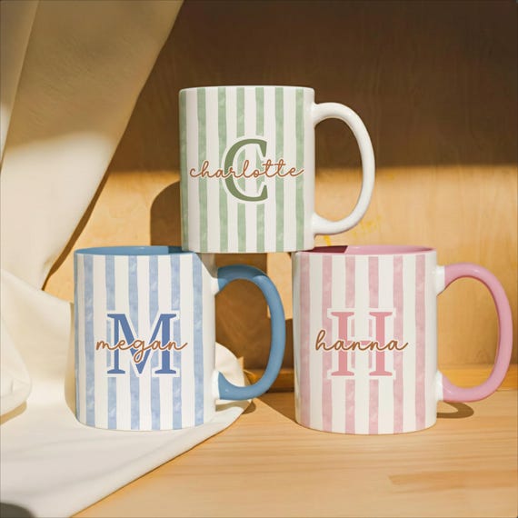 Personalized Striped Mug With Name, Custom Monogram Coffee Cup Gift For Her, Pastel Initial Mug, Bridesmaid Gift, Cute Vintage Mug