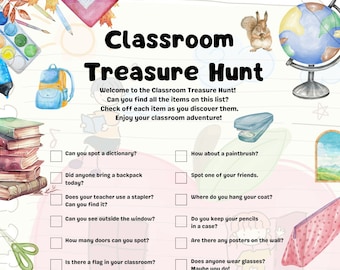 Classroom Treasure Hunt, Scavenger Hunt, fun ice breaker for elementary school kids, ages 5-10, digital print, instant download