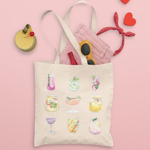 Watercolor Cocktails Cotton Canvas Tote Bag, Bridal Shower Gift, Mixology Bag, Bartender Tote, Girls Night Out, Bachelorette Trendy Tote Bag