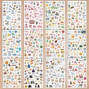 May include: A set of twelve sticker sheets, each representing a month of the year. The stickers feature various themed illustrations, including seasonal items, holidays, and decorative elements. The months are labeled with their names.