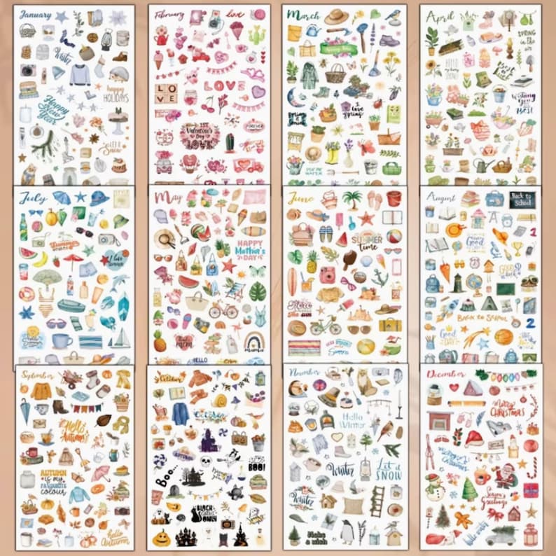 May include: A set of twelve sticker sheets, each representing a month of the year. The stickers feature various themed illustrations, including seasonal items, holidays, and decorative elements. The months are labeled with their names.