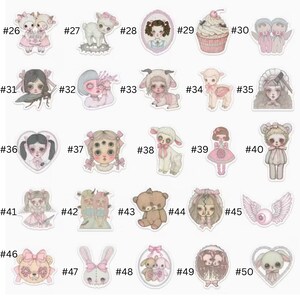 May include: A collection of whimsical stickers featuring various cute characters and designs. The stickers include images of dolls, animals, and desserts in a pastel color palette, with a focus on pink and white.
