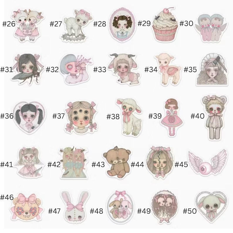 May include: A collection of whimsical stickers featuring various cute characters and designs. The stickers include images of dolls, animals, and desserts in a pastel color palette, with a focus on pink and white.