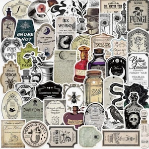 May include: A collection of vintage-style stickers featuring apothecary labels, potion bottles, skulls, insects, and gothic illustrations. The designs include text such as Fungi Cordial, Potion of Amnesia, Ink Worms, and Mermaid Tears in black and sepia tones.