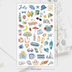 May include: A sticker sheet featuring summer-themed illustrations. The sheet includes images of a beach umbrella, sunglasses, a camera, a swimsuit, a sailboat, and the text "July", "Summer Vibes", "I love Summer", and "Hello Summer". The sheet measures 4.72 inches wide and 7.87 inches tall.