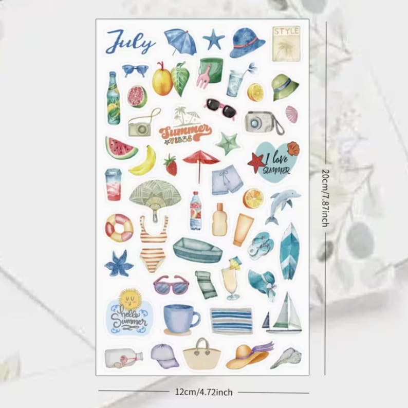 May include: A sticker sheet featuring summer-themed illustrations. The sheet includes images of a beach umbrella, sunglasses, a camera, a swimsuit, a sailboat, and the text "July", "Summer Vibes", "I love Summer", and "Hello Summer". The sheet measures 4.72 inches wide and 7.87 inches tall.