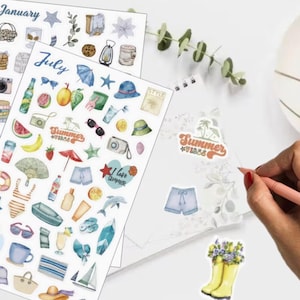 May include: A collection of colorful stickers with summer and seasonal themes. The stickers feature illustrations of fruits, sunglasses, cameras, and other summer-related items. A person is drawing on a notebook with a pink pen.