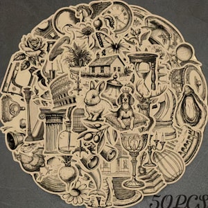 Peut inclure: Un ensemble d'autocollants de style vintage beiges et bruns. Les autocollants présentent des illustrations d'un lapin, d'un chien, d'une maison, d'une horloge et d'un papillon. Le texte "50PCS" est en bas de l'image.