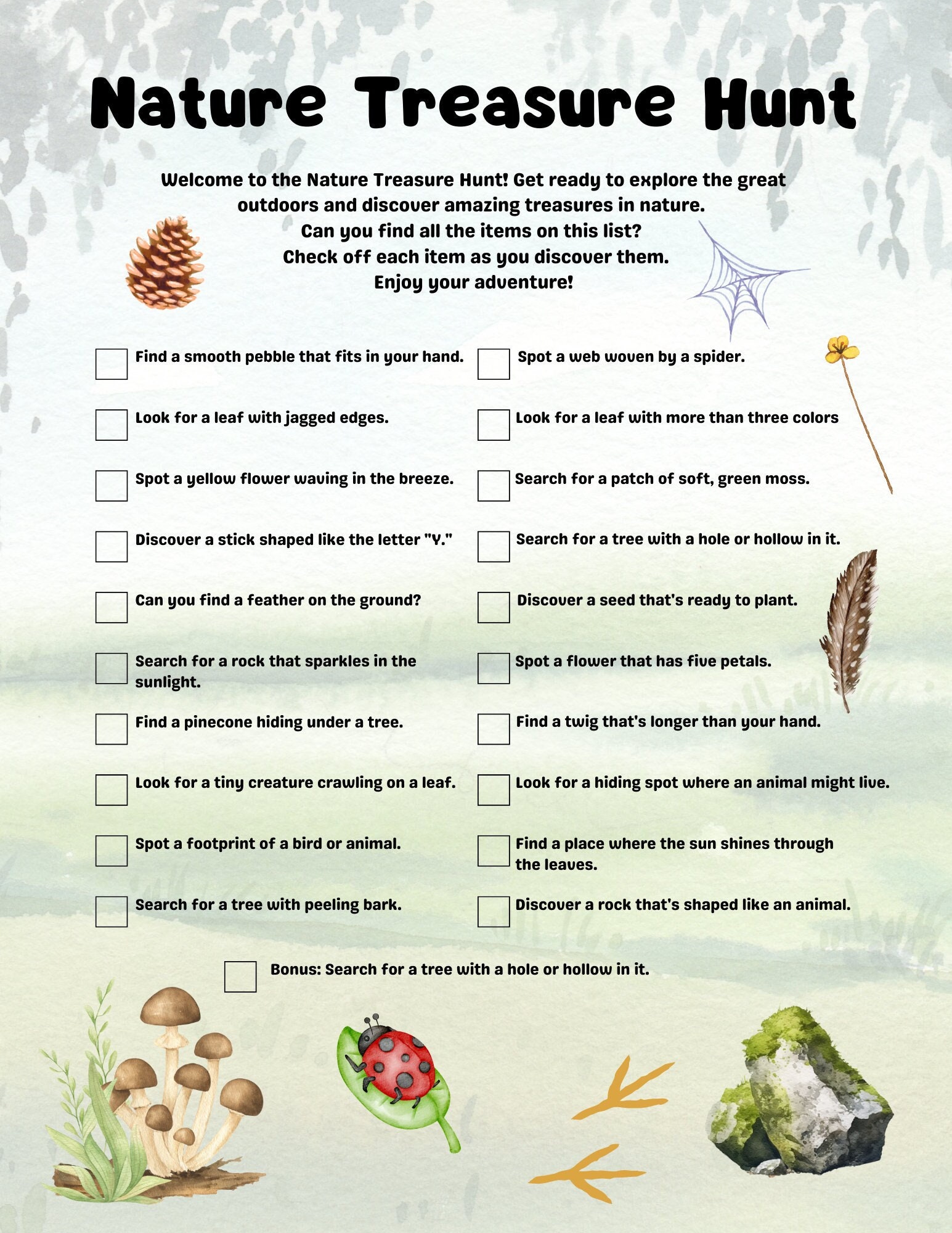 Nature Treasure Hunt, Scavenger Hunt, Things to do outside, Nature walk, ages 5-15, digital print, instant download