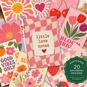 May include: A collection of twenty rectangular postcards featuring various colourful graphic illustrations including a sun, hearts, cherries, tulips, flowers, strawberries, and a pink checkered card with the text little love notes and a red heart.