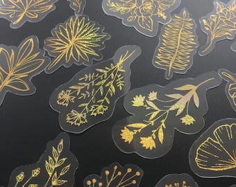 80 Gold Foil Botanical Stickers, Transparent Floral PET Stickers, Vintage Gold Leaf & Flower Sticker Pack, Journal Scrapbook Planner Decor