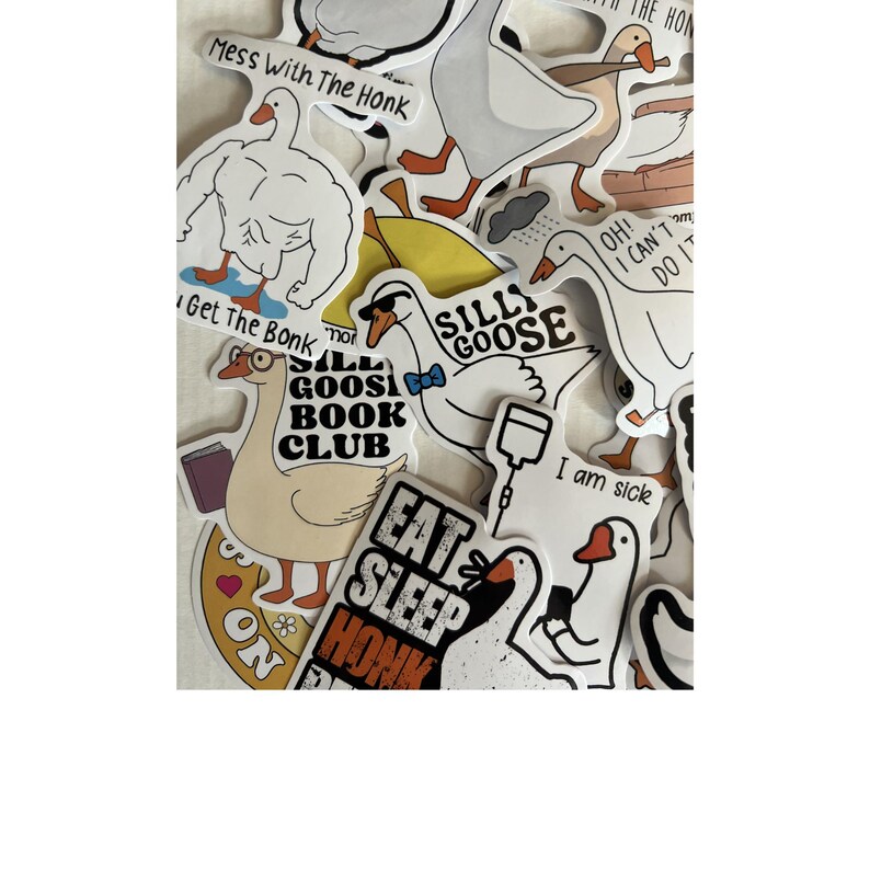 Op de afbeelding: Een verzameling witte, bruine en zwarte ganzenstickers met verschillende zinnen en afbeeldingen. Sommige stickers bevatten tekst als "Mess With The Honk", "Silly Goose" en "Eat Sleep Honk". De stickers hebben een cartoonstijl.