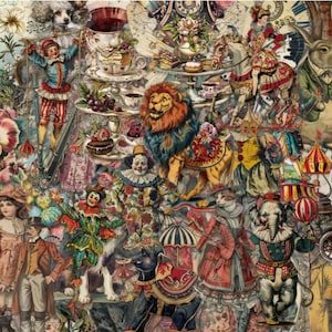 May include: A collage featuring a whimsical circus theme with a lion, clowns, and an elephant. The image is filled with vintage illustrations of animals, people, and decorative elements, creating a colorful and detailed composition.