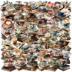 May include: A collection of vintage teacups and saucers, featuring floral designs, arranged on piles of old books. Some cups hold tea or coffee, with flowers adding to the aesthetic. The image has a warm, pastel color scheme.