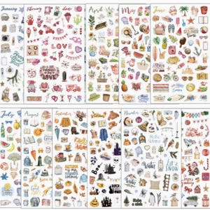 May include: A collection of sticker sheets with various themed designs. Each sheet is filled with small, colorful illustrations and text, including seasonal themes like Valentine's Day, summer, and Christmas. The sheets are organized by month.