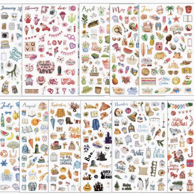 May include: A collection of sticker sheets with various themed designs. Each sheet is filled with small, colorful illustrations and text, including seasonal themes like Valentine's Day, summer, and Christmas. The sheets are organized by month.