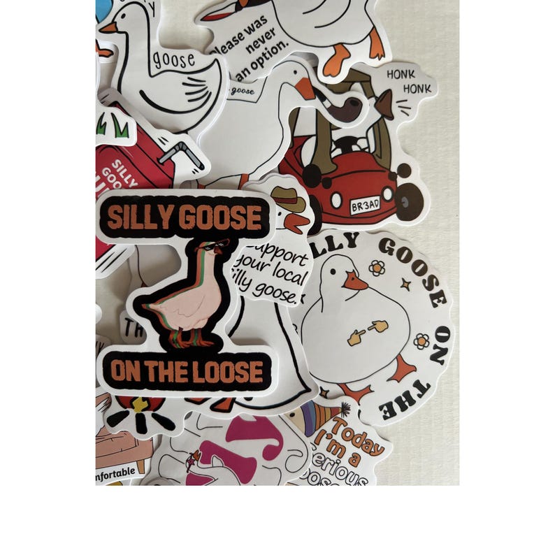 Op de afbeelding: Een verzameling grillige stickers met cartoon ganzen in verschillende poses. Sommige stickers hebben de tekst "Silly Goose", "On the Loose" en "Today I'm a Serious Goose". De stickers zijn in wit, rood en zwart.