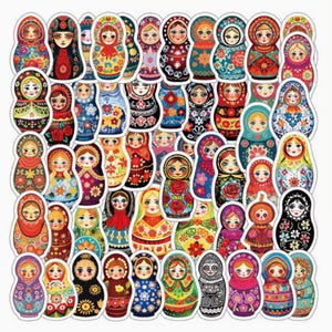 May include: A collection of colorful Matryoshka dolls, each with unique patterns and designs. The dolls feature a variety of colors, including red, blue, yellow, and green, with floral and geometric motifs. These traditional Russian nesting dolls are a popular craft item.