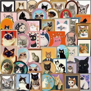 Peut inclure: Un collage de portraits de chats encadrés dans divers styles. L'œuvre présente des chats avec des lunettes de soleil, des nœuds papillon et des couronnes. Les cadres sont de différentes formes et couleurs, créant un affichage fantaisiste et artistique. Les chats sont représentés dans diverses poses et couleurs.
