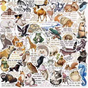 May include: A sheet of colourful stickers with animal illustrations and motivational quotes. The stickers depict a variety of animals, including a cat, owl, and frog, with phrases such as "You can choose peace" and "Let yourself be enough."