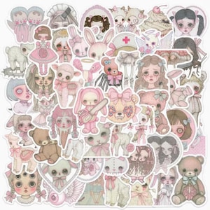May include: A collection of stickers featuring a pastel goth aesthetic. The stickers showcase various characters, including dolls, bunnies, teddy bears, and lambs, all in shades of pink, white, and gray. Some stickers have bows, and others have a medical theme.