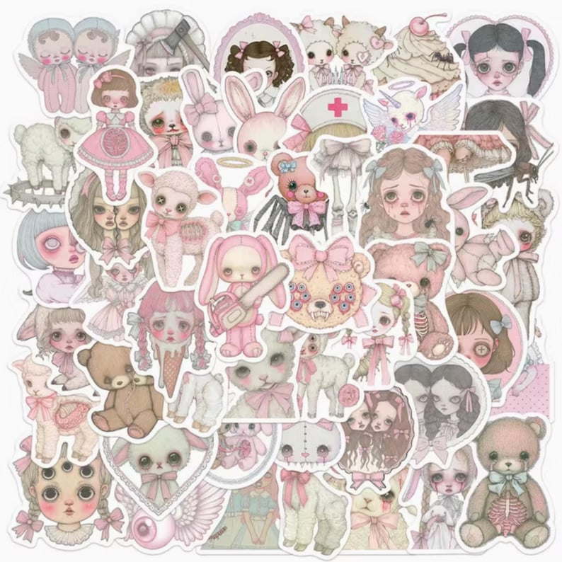 May include: A collection of stickers featuring a pastel goth aesthetic. The stickers showcase various characters, including dolls, bunnies, teddy bears, and lambs, all in shades of pink, white, and gray. Some stickers have bows, and others have a medical theme.