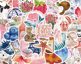 50 Coquette Preppy Stickers | Pink Aesthetic Journal Stickers, Coastal Summer Scrapbook Decor, Cute Girly Sticker Pack
