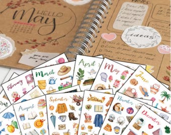 May include: A spiral-bound journal with the word "May" and a calendar page. A collection of monthly stickers with watercolor illustrations of seasonal items like hats, flowers, and umbrellas. The journal also has notes and ideas sections.