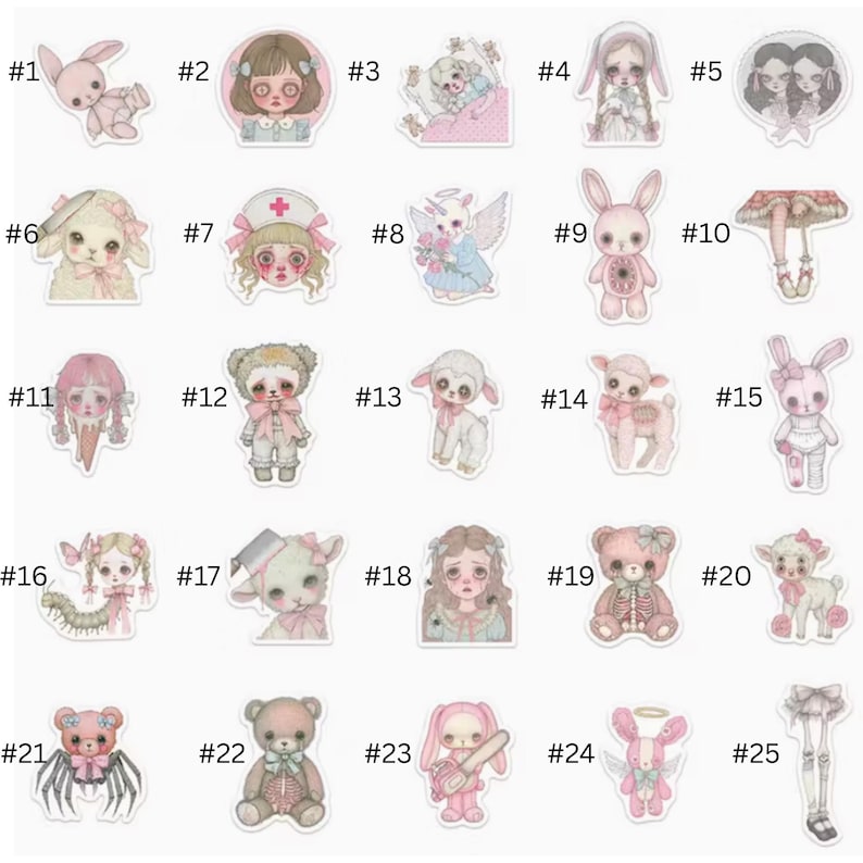 May include: A collection of 25 stickers featuring various pastel-colored illustrations. The designs include bunnies, lambs, angels, dolls, and teddy bears, with a gothic lolita aesthetic. Each sticker is numbered for identification.