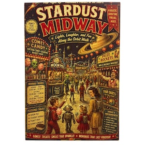 Peut inclure: Une affiche rectangulaire intitulée Stardust Midway représentant une fête foraine sur le thème de l'espace. L'illustration montre des extraterrestres, des robots et des enfants en combinaison spatiale dans une foire avec des textes.