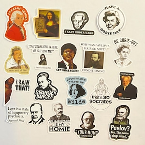 May include: A collection of die-cut vinyl stickers featuring historical figures, philosophers, and pop culture icons with humorous text. Designs include portraits of Mozart, Mona Lisa, Kant, Doris Day, Confucius, Descartes, Samuel L. Jackson, Pavlov, Marie Curie, Jesus, Wilde, Socrates, Schopenhauer, Freud, Tchaikovsky, and Pavlov.