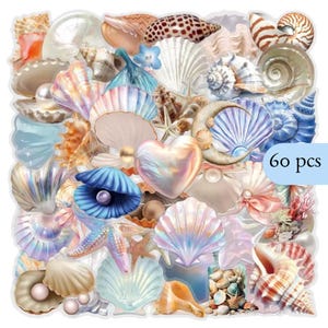 May include: A collection of 60 stickers featuring various seashells, starfish, and pearls in iridescent, blue, pink, and tan hues. The assortment includes open shells with pearls, a heart-shaped shell, and a crescent moon, all with a glossy finish.
