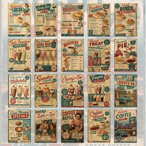 Cartes postales rétro de diners américains – 20 cartes vintage style années 1950, Route 66, fontaine à soda, café, éphémères de journal intime