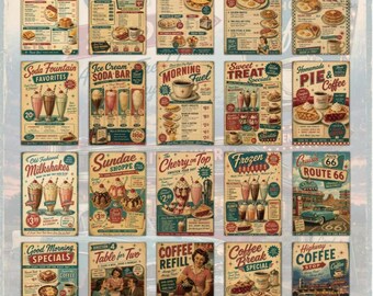 Retro Diner Postcards – 20 Vintage Style 1950s Diner Art Cards, Route 66, Soda Fountain, Coffee Shop, Junk Journal Ephemera
