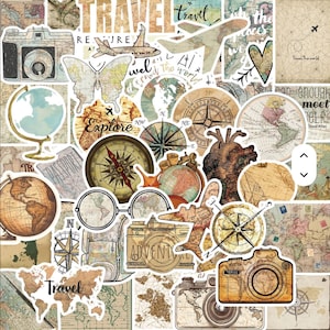 May include: A collection of travel-themed stickers featuring vintage cameras, globes, compasses, maps, airplanes, and eyeglasses. The designs include text such as Travel, Explore, and Adventure, rendered in various brown, tan, and muted blue tones.