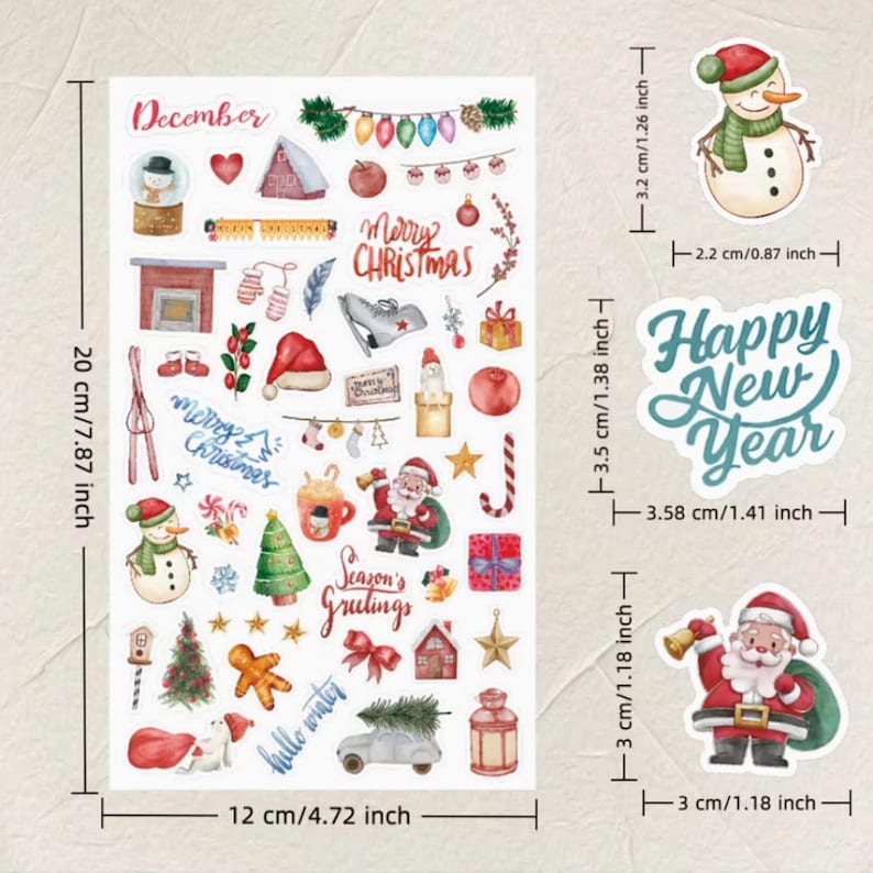 May include: A sheet of Christmas-themed stickers with various designs, including a snowman, Santa Claus, Christmas tree, and gift boxes. The sheet measures 7.87 inches tall and 4.72 inches wide. Text includes "Merry Christmas", "Happy New Year", and "Season's Greetings".