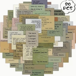 May include: A collection of 80 square paper stickers featuring various literary quotes printed in black ink on muted earth-toned backgrounds including beige, olive green, and tan. Each sticker displays a unique excerpt from classic literature.