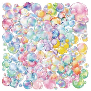 May include: A colourful illustration featuring many bubbles. The bubbles are of varying sizes and painted in a watercolour style, with shades of pink, blue, yellow, and green. The bubbles overlap, creating depth and a playful, whimsical aesthetic.