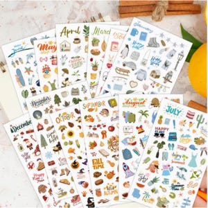 Lot d'autocollants pour agenda mensuel - 12 feuilles, 599 autocollants au total - Stickers fonctionnels pour agenda, calendriers et journaux mensuels