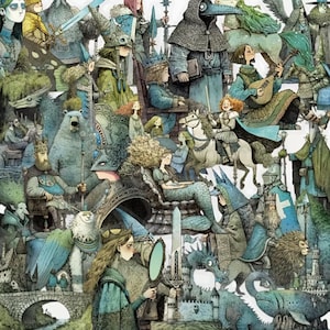 May include: A detailed fantasy illustration featuring a dense collection of characters including a plague doctor, a mermaid, a king, a bear, a knight on horseback, and a dragon. The artwork uses a muted color palette of blues, greens, and browns.