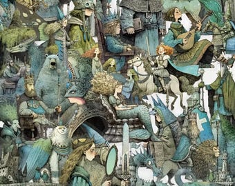 May include: A detailed fantasy illustration featuring a dense collection of characters including a plague doctor, a mermaid, a king, a bear, a knight on horseback, and a dragon. The artwork uses a muted color palette of blues, greens, and browns.