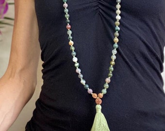 Moss Agate Mala Bead Necklace